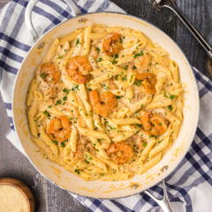 Overhead photo of Cajun Shrimp Pasta in a skillet