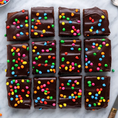 Overhead photo of Cosmic Brownies cut into squares