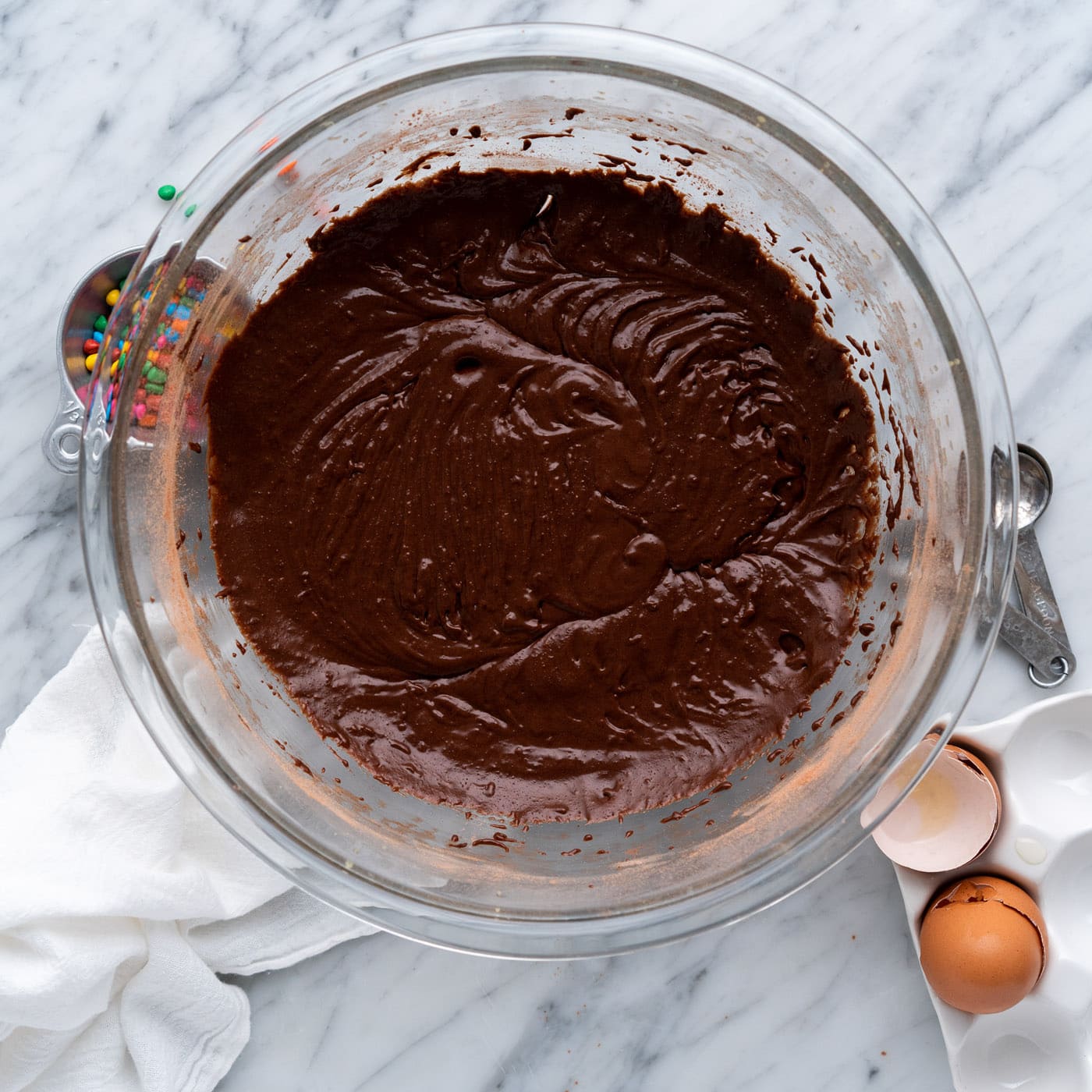 fudgy brownie batter in a mixing bowl