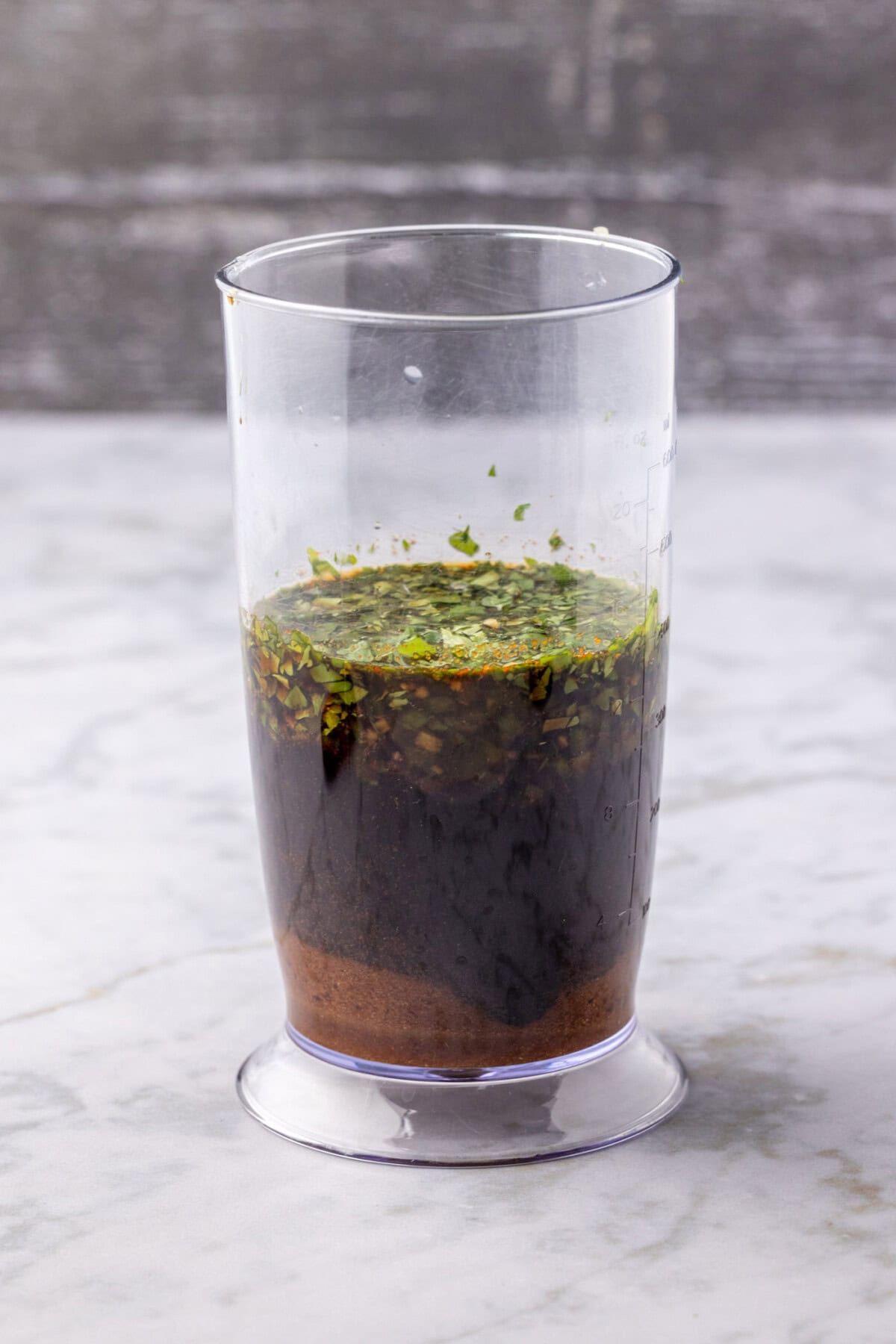 fajita marinade ingredients in an immersion blender