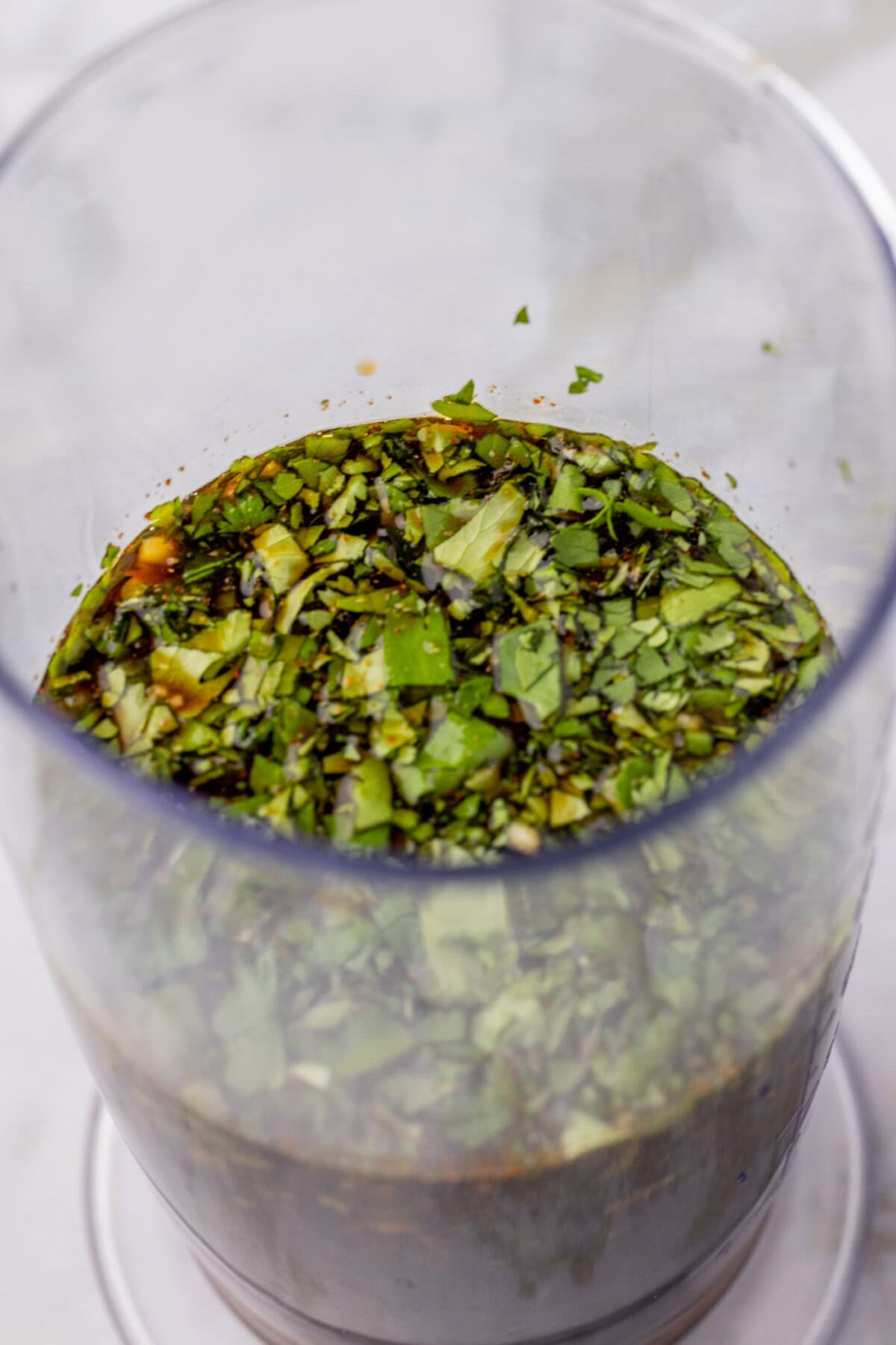 Close up photo of Fajita Marinade in a immersion blender cup