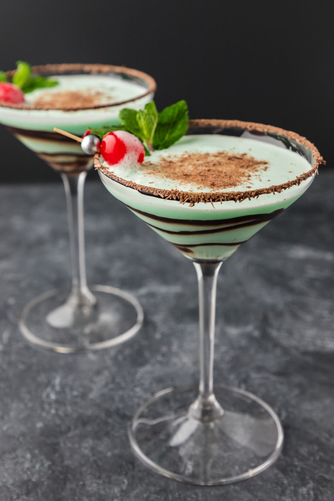 Close up photo of two Grasshopper Drinks