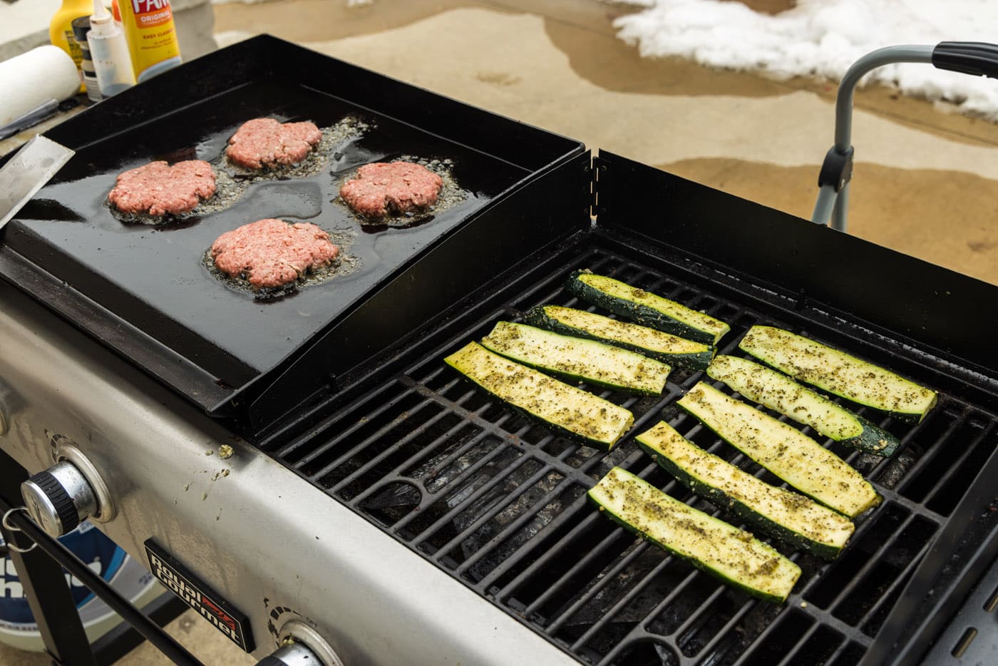 grilling zucchini with burger patties