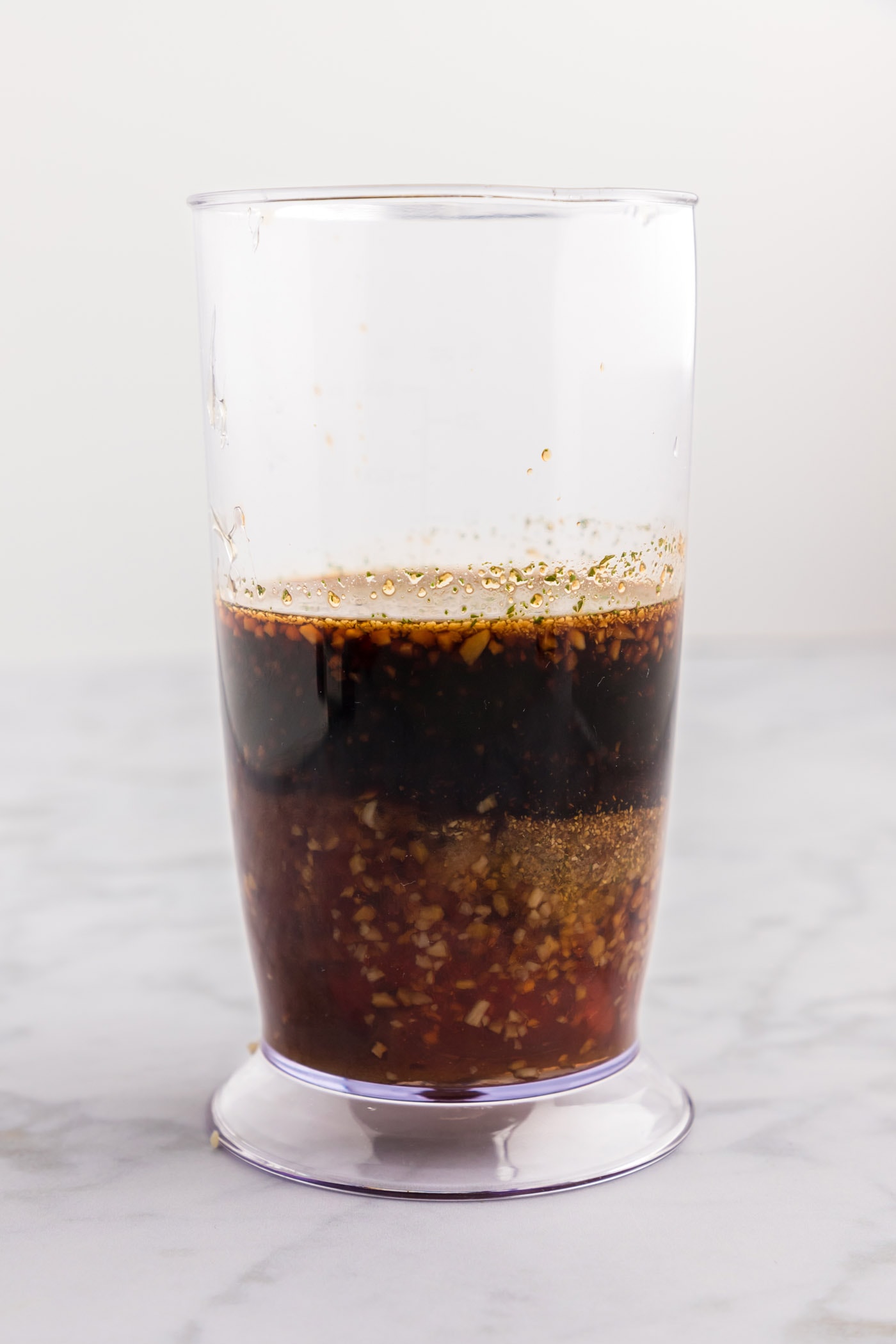 soy sauce, vinegar, garlic, brown sugar, and honey in an immersion blender