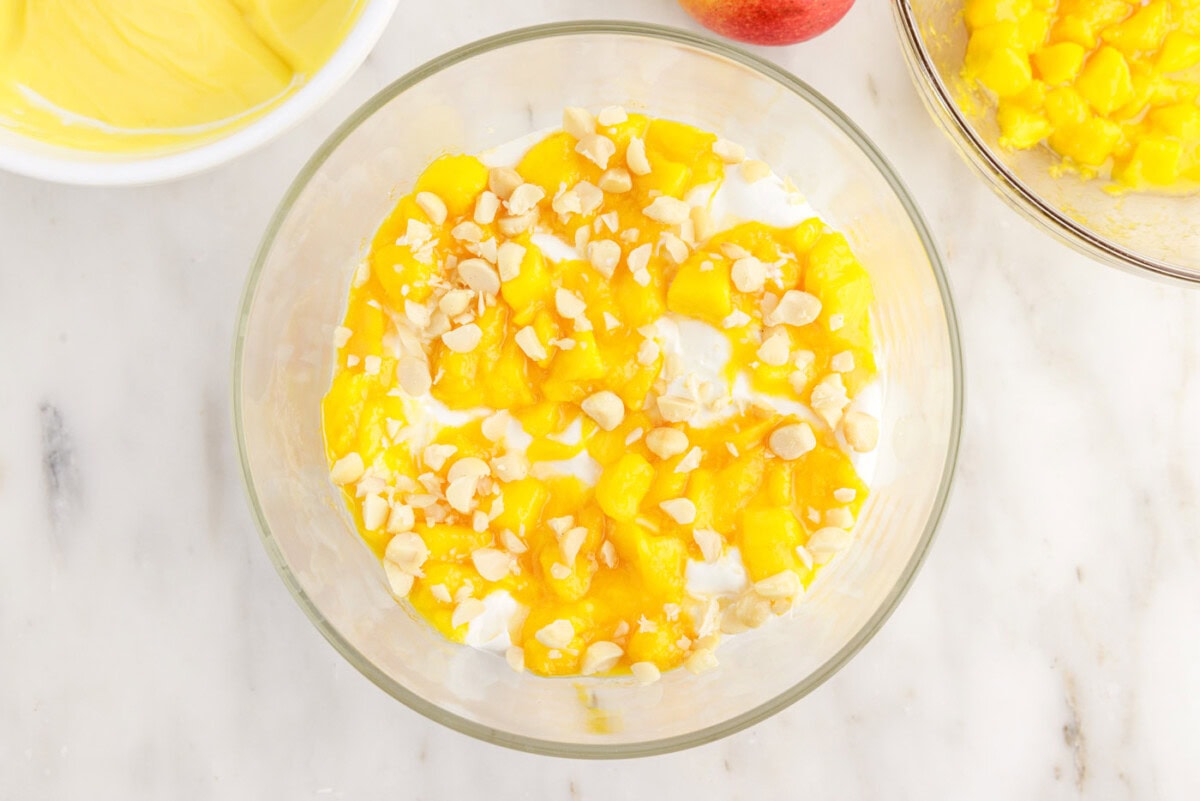 macadamia nuts, vanilla pudding, whipped cream, and angel food cake trifle