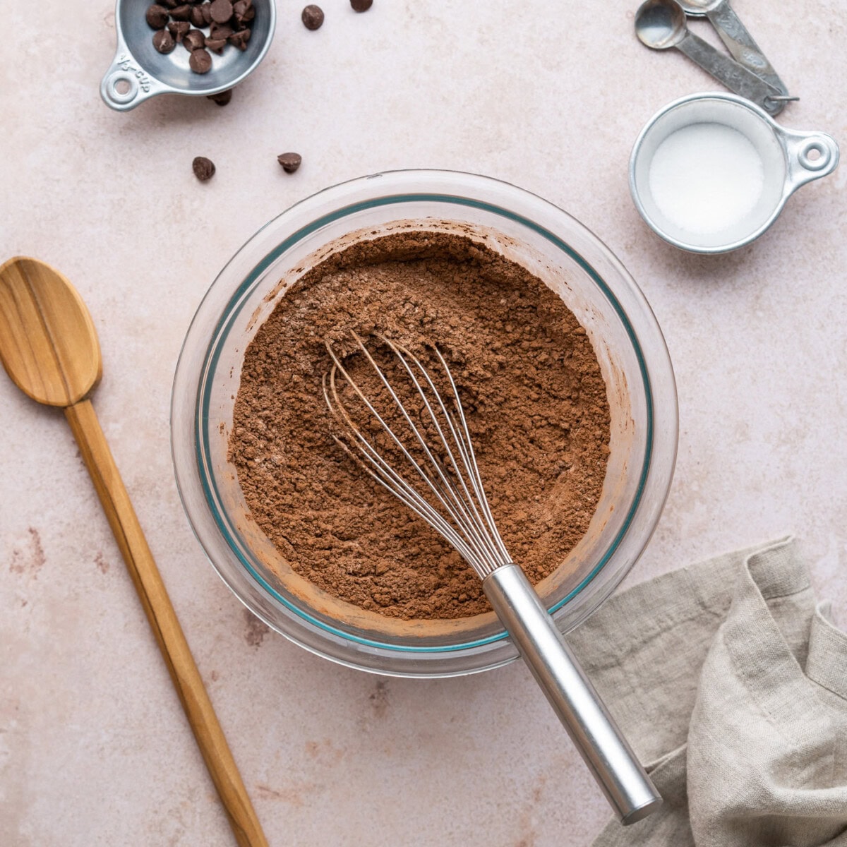 flour, cocoa powder, and salt whisked in a bowl
