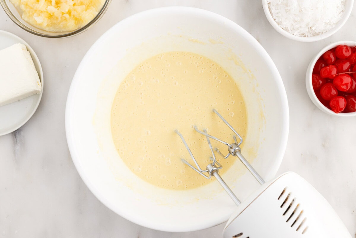 cake mix blended in a bowl with a hand mixer