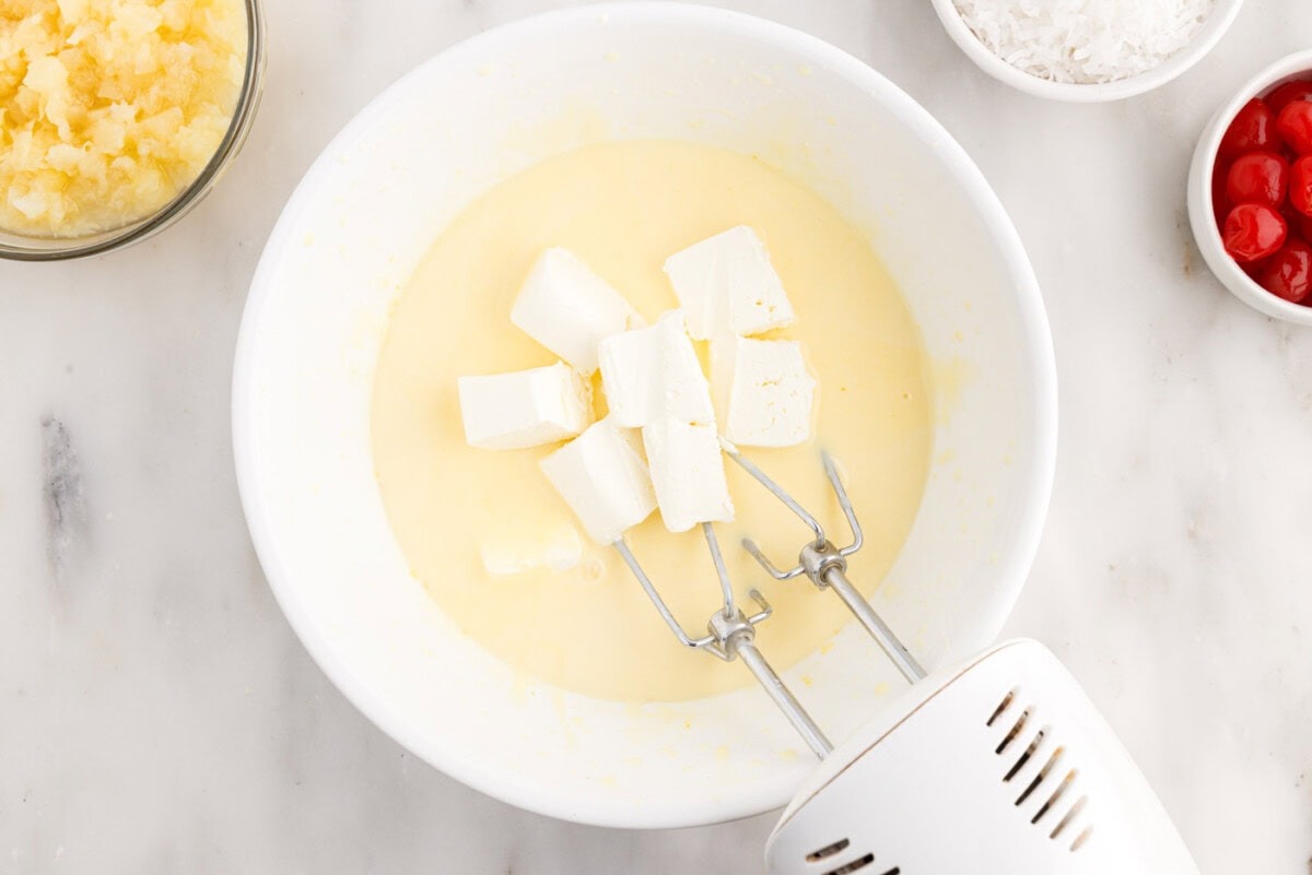 blending cream cheese into pudding mix