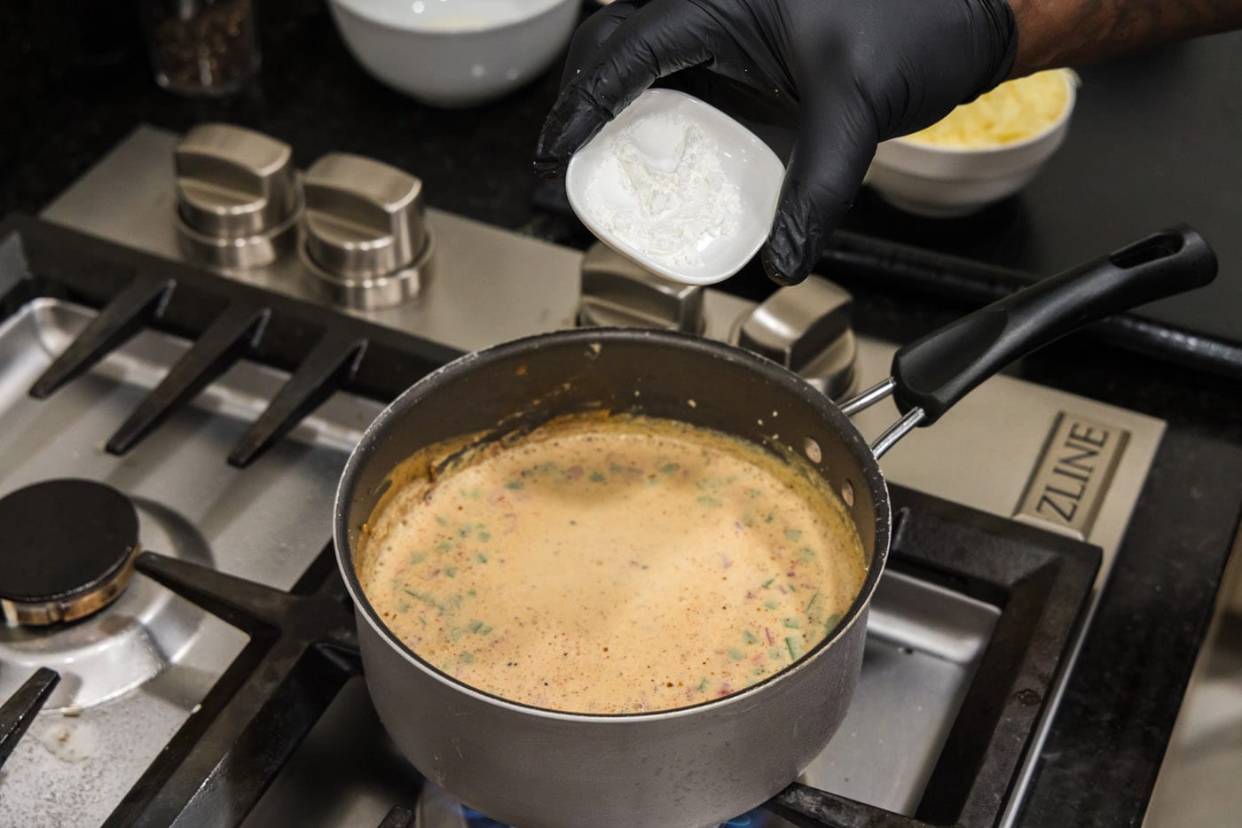 cornstarch in a bowl over saucepan