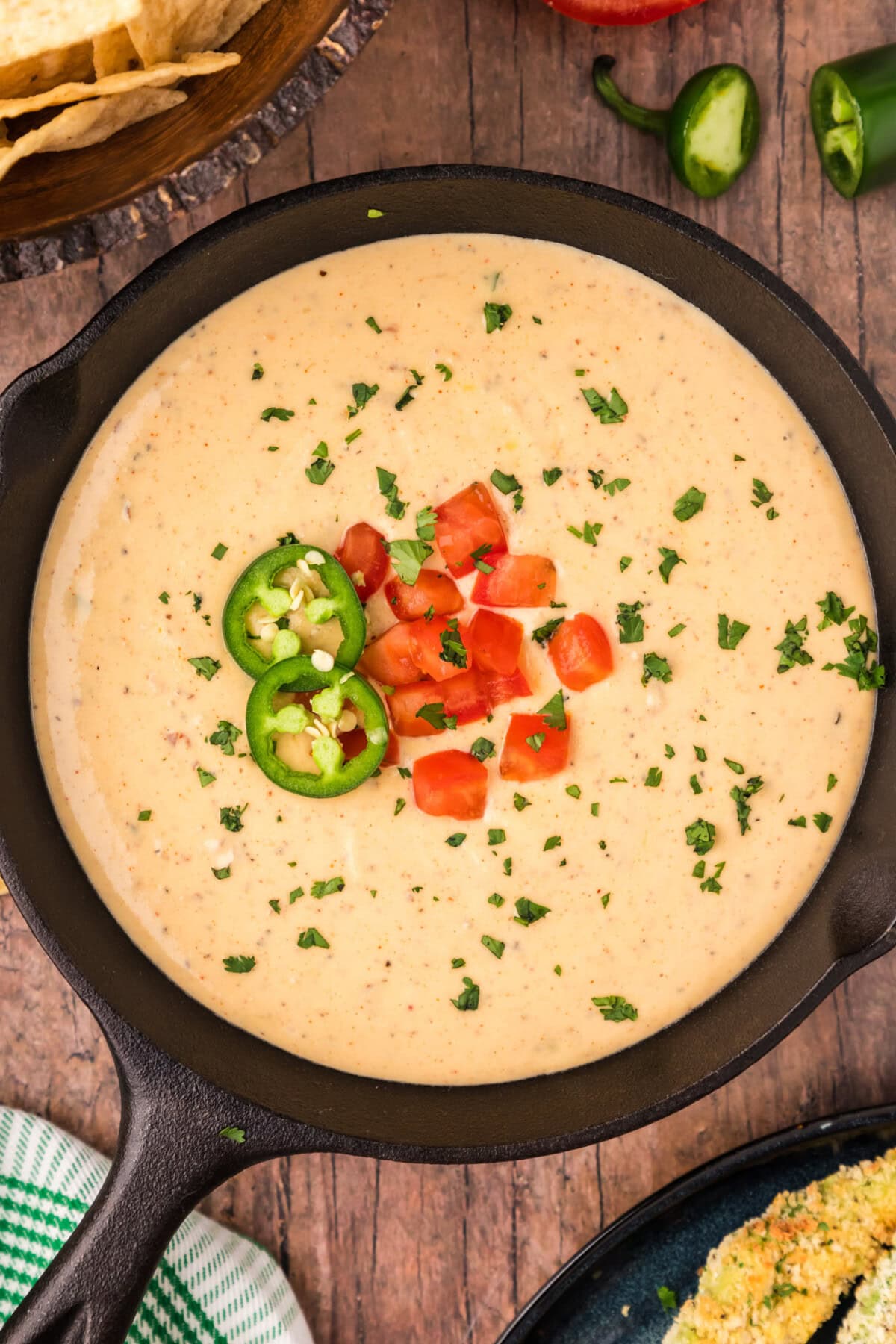 Overhead photo of a skillet of Queso Dip