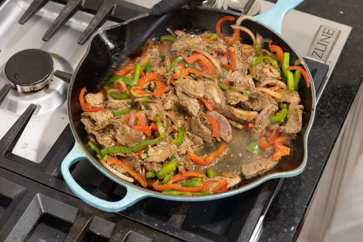 steak fajita filling in a cast iron skillet