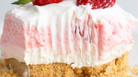 Close up photo of a piece of Strawberry Lasagna