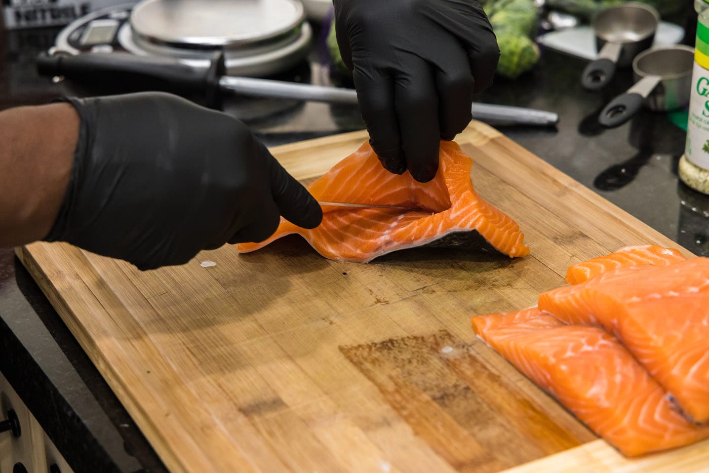 opening salmon pocket for stuffing