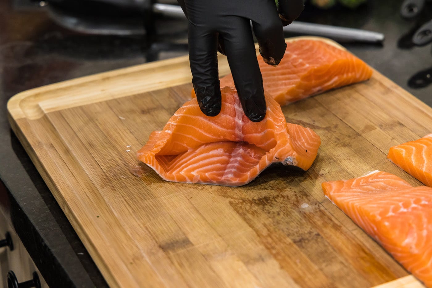 pocket sliced into salmon filet for stuffing