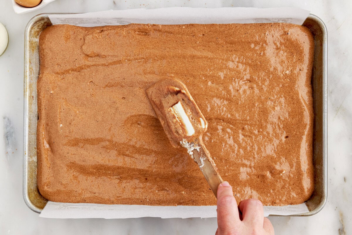 swiss log cake batter in a jelly roll pan