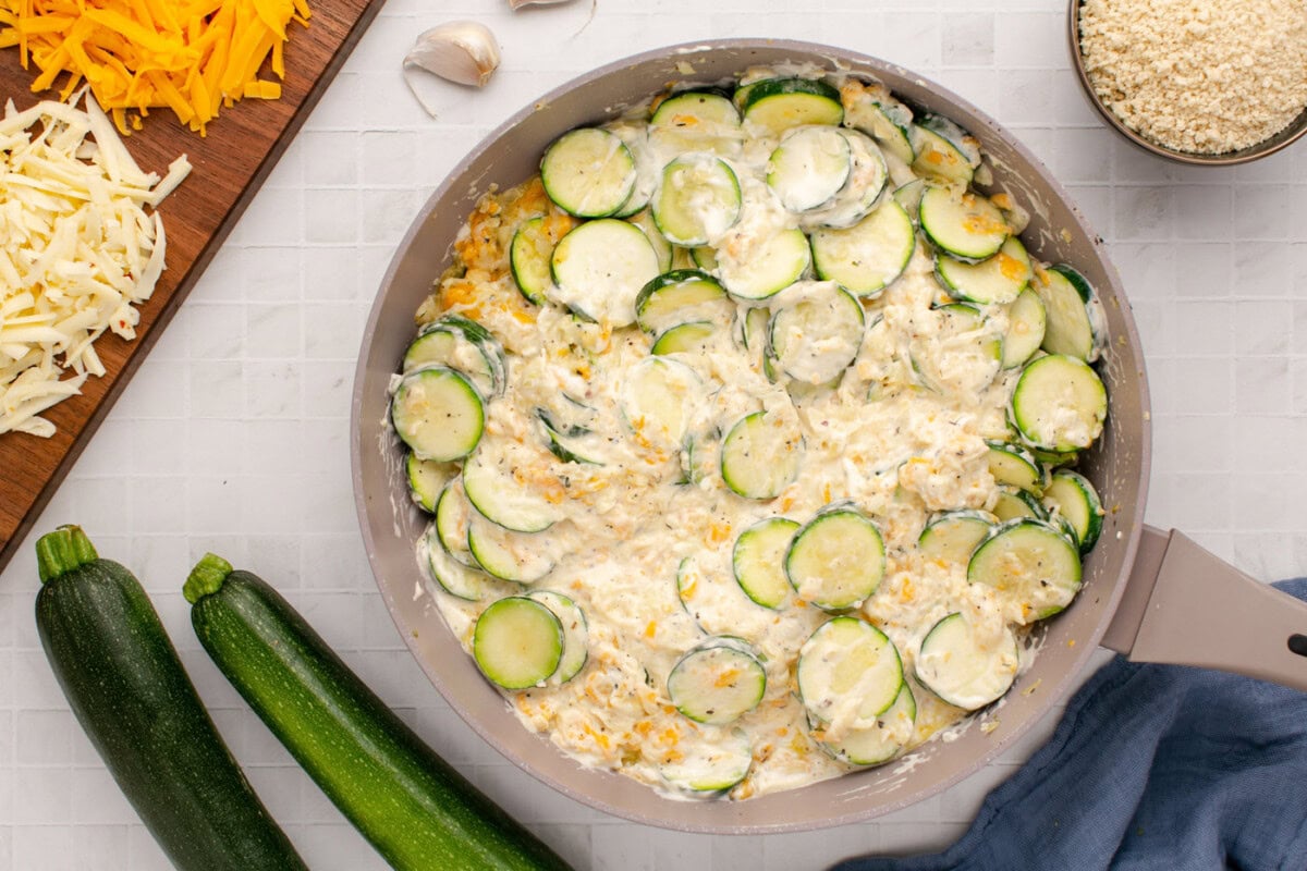 zucchini casserole mixture in a skillet