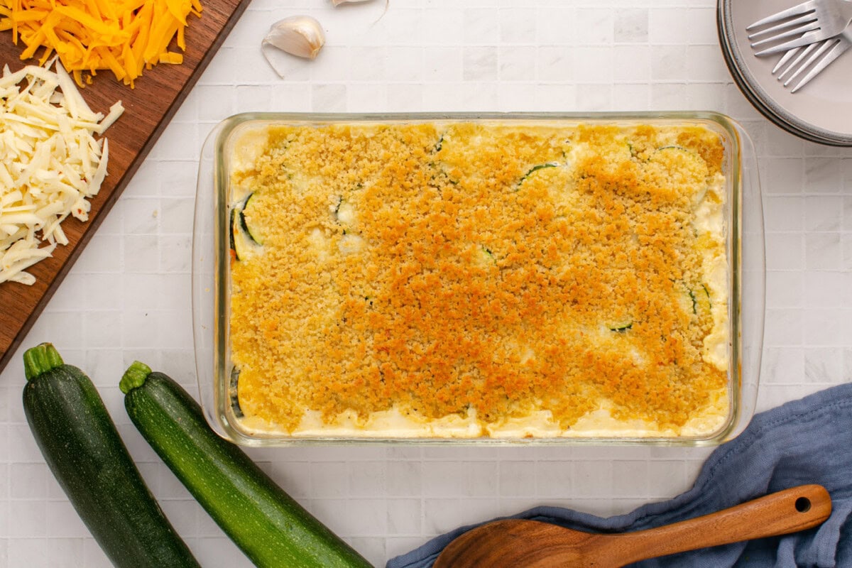 finished baked zucchini casserole overhead