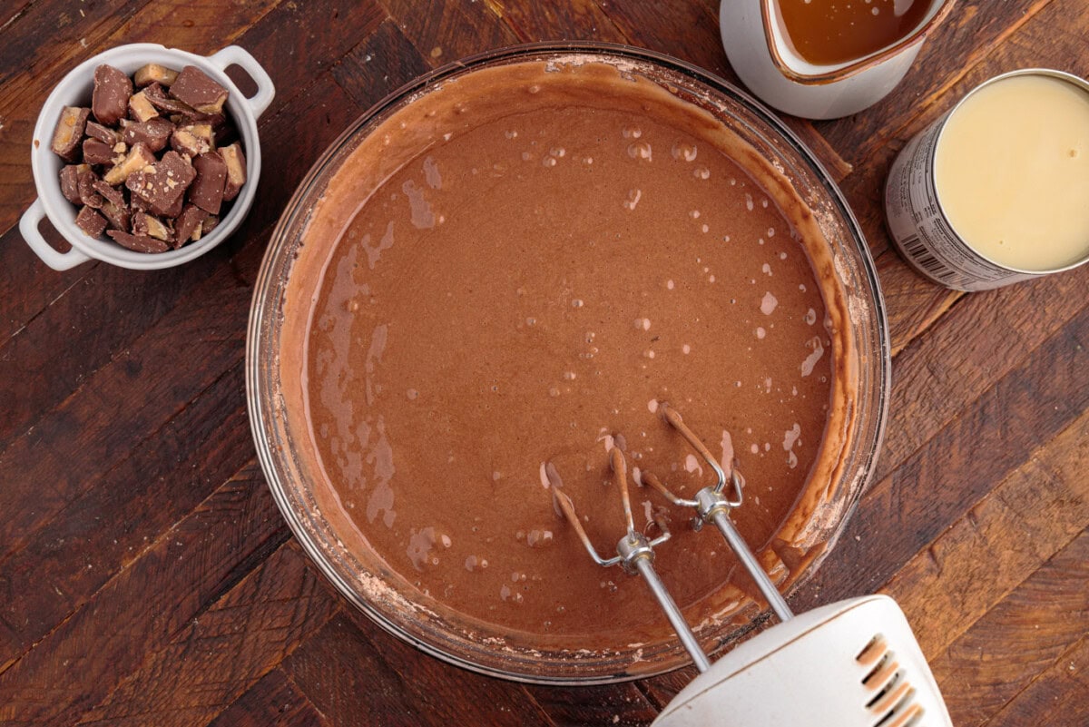 Cake mix prepared in a bowl with a mixer
