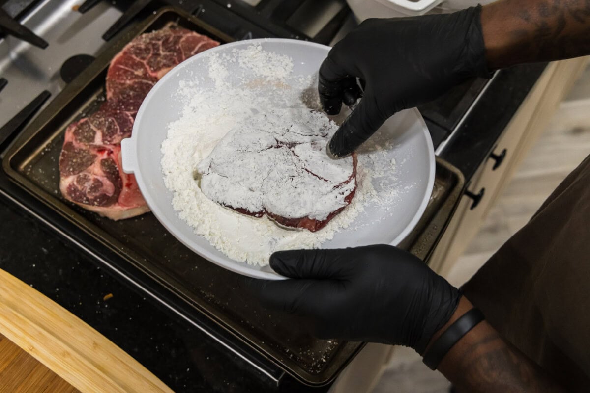 dipping beef shanks in cornstarch