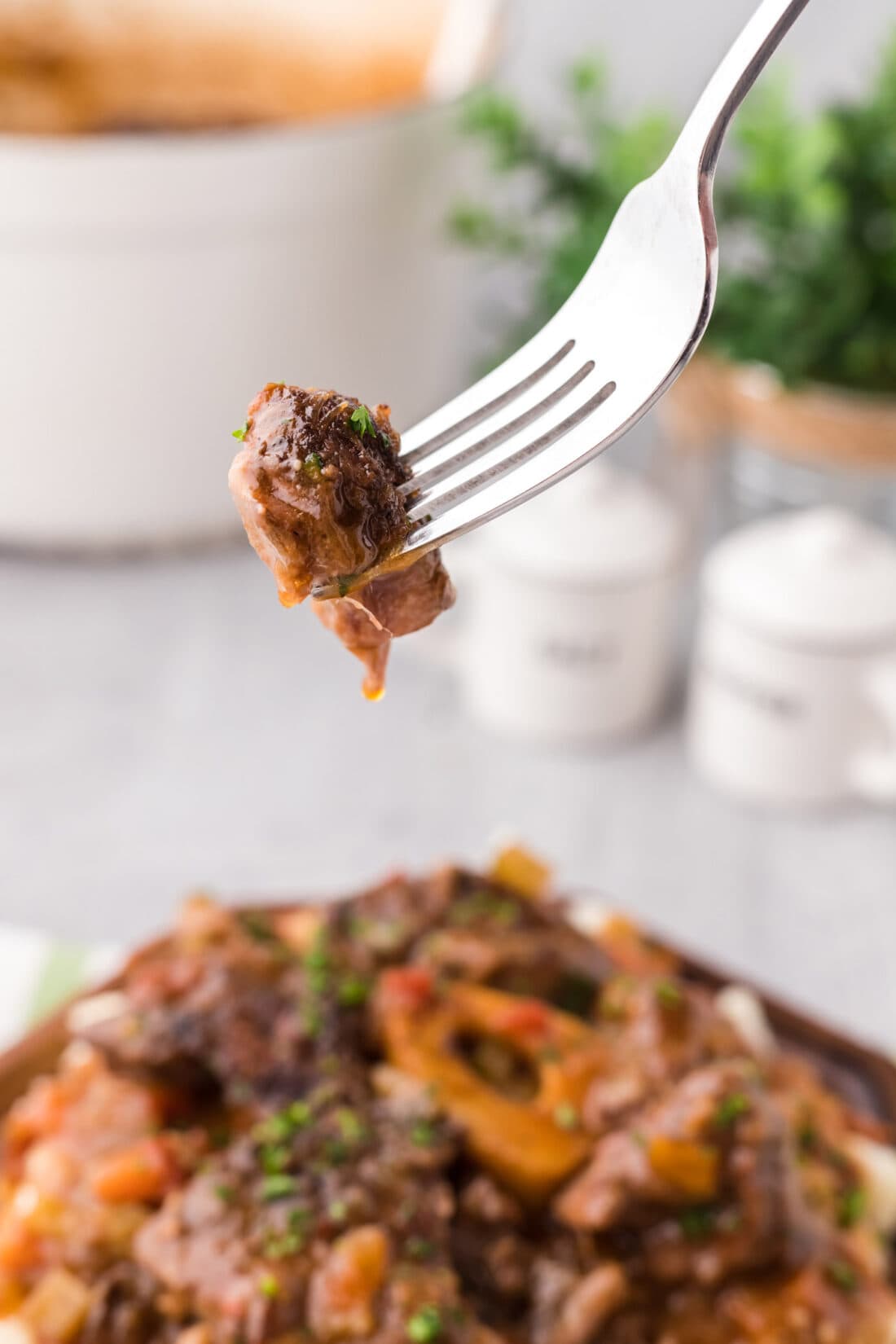 Piece of Braised Beef Shank on a fork