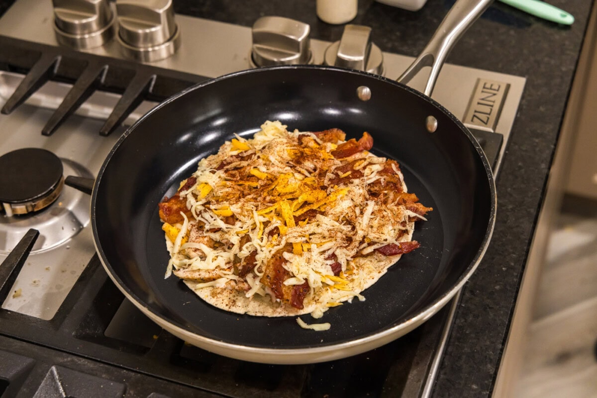 chicken bacon ranch quesadilla in a skillet