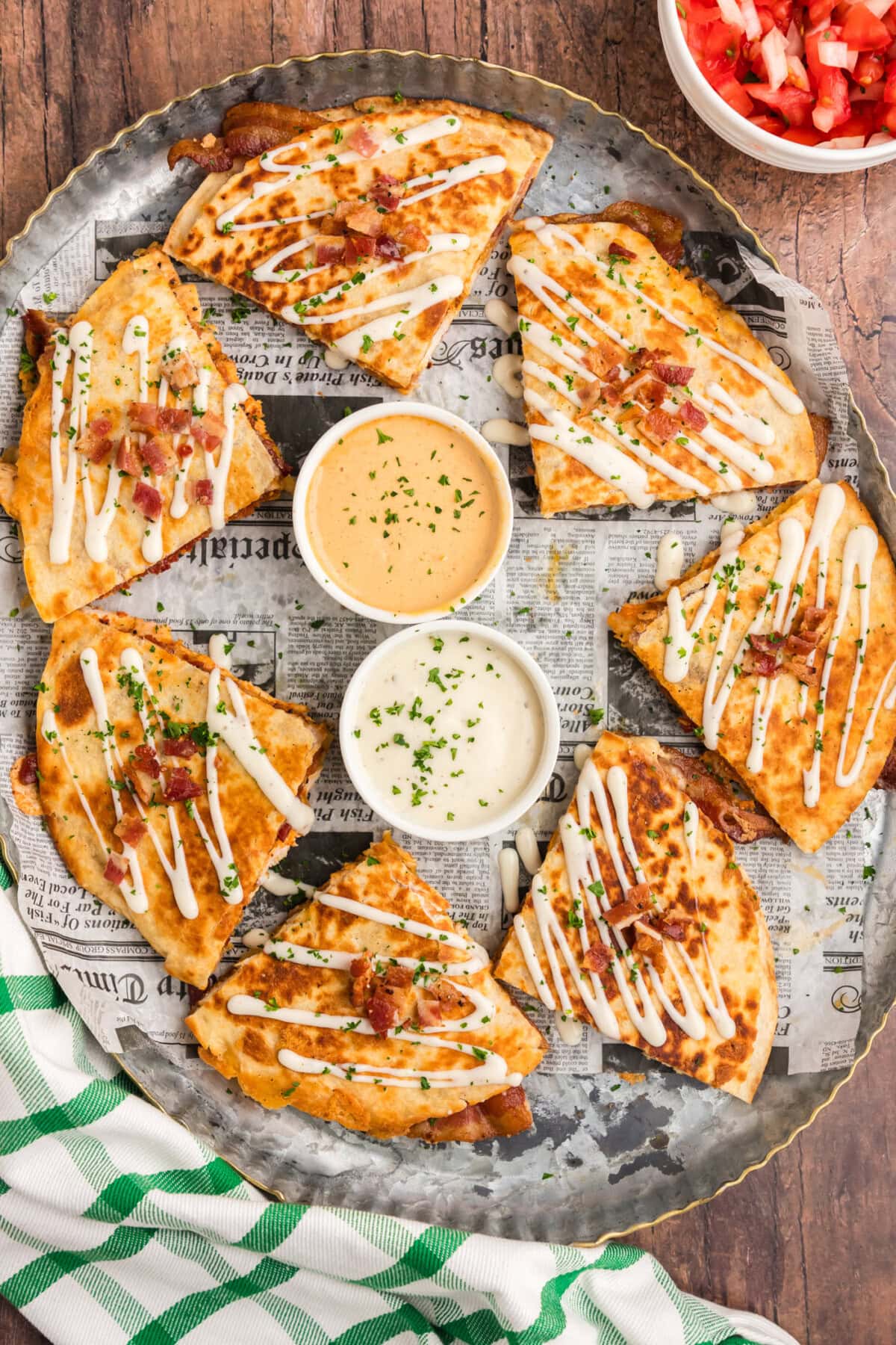 Platter of Chicken Bacon Ranch Quesadillas cut into triangles