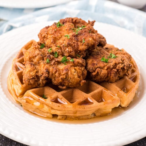 Close up photo of Chicken and Waffles on a plate