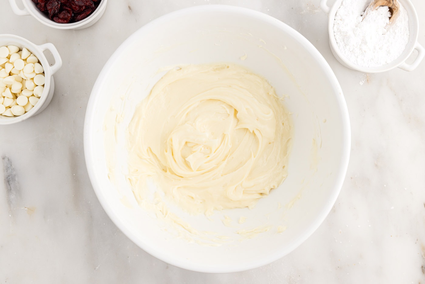 white chocolate cream cheese frosting in a bowl