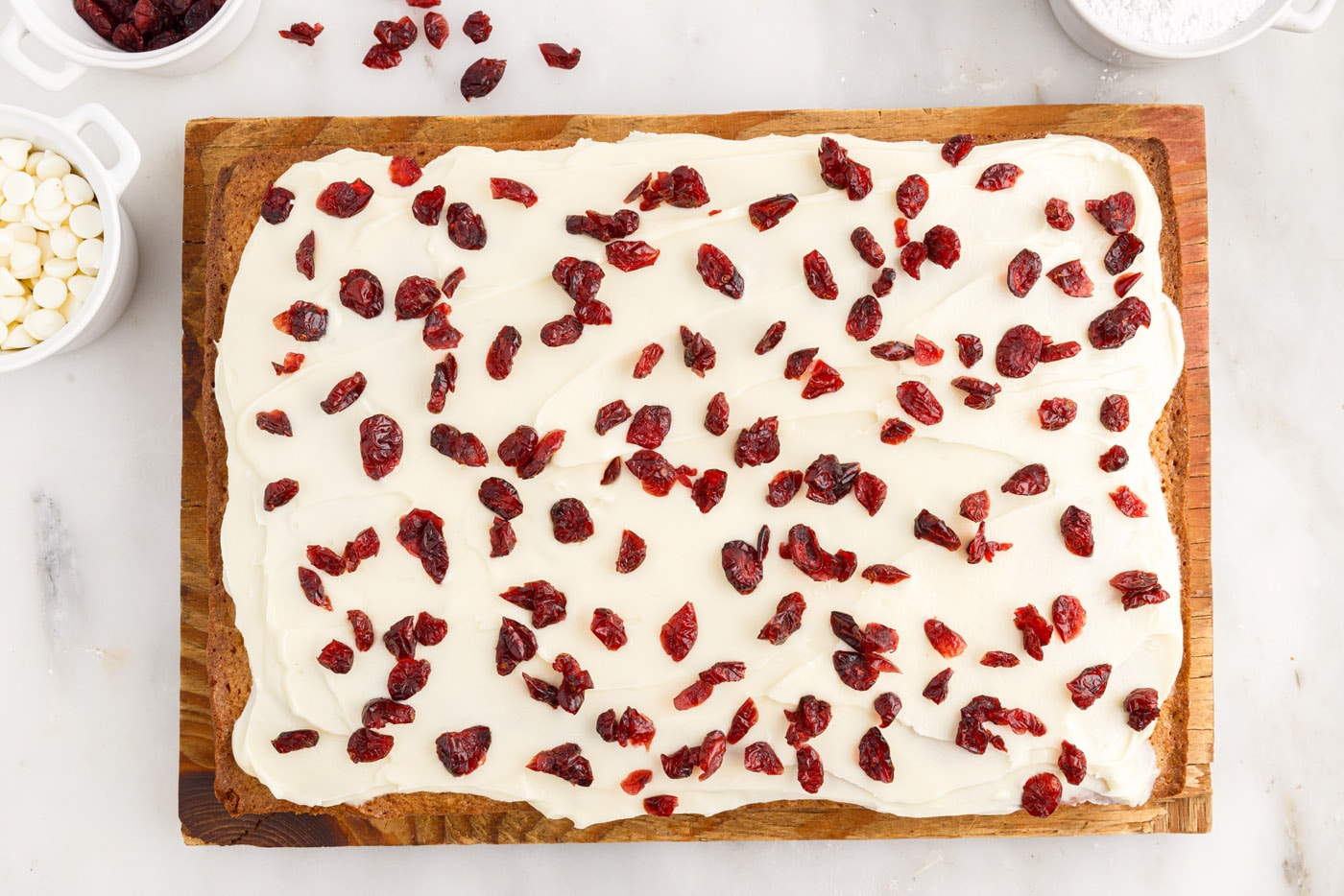 dried cranberries sprinkled over white chocolate cream cheese frosted blondies