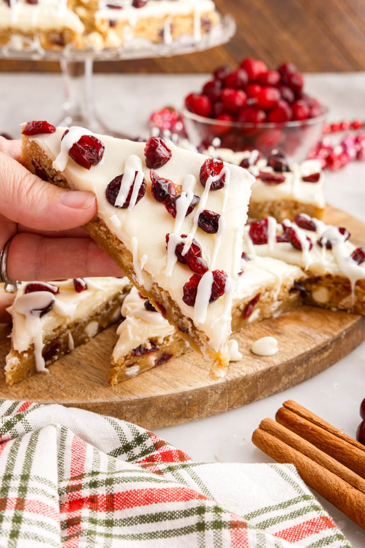 Hand holding a Cranberry Bliss Bar
