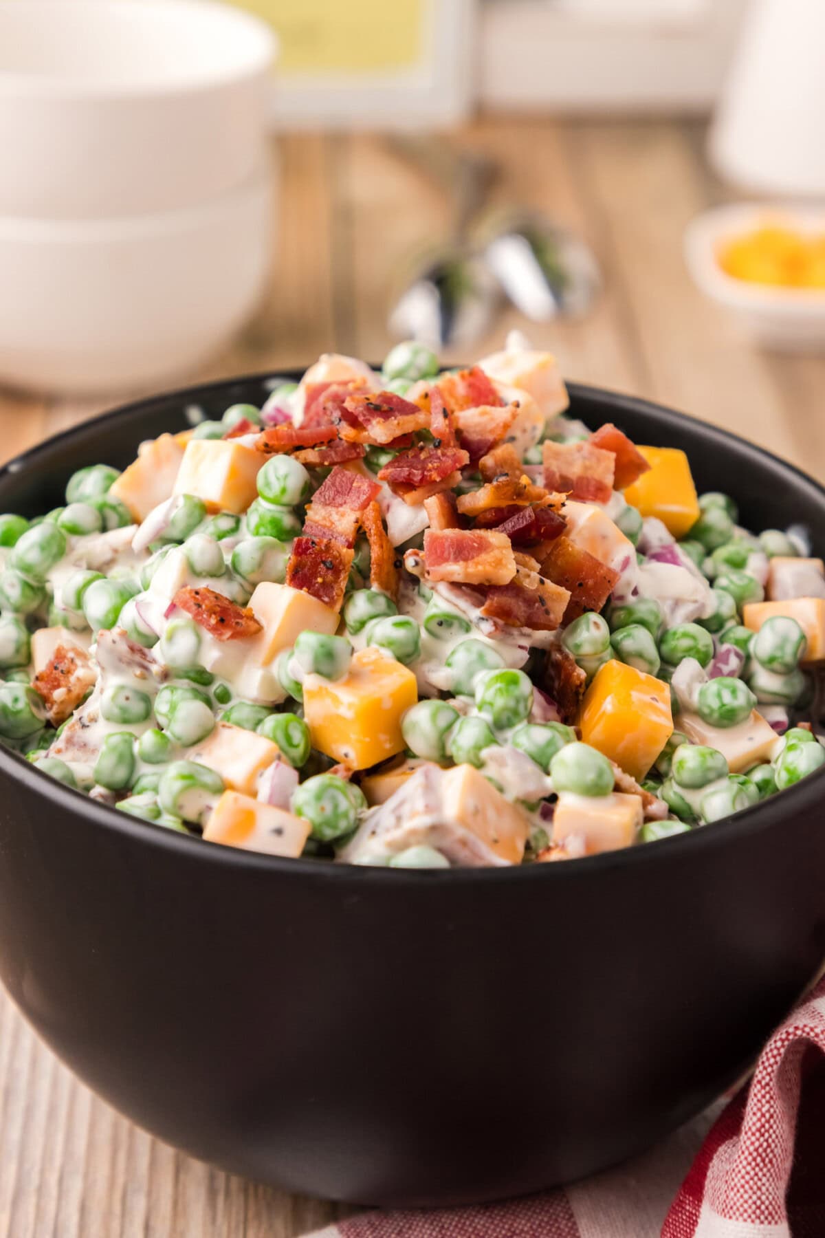 Close up photo of Pea Salad in a bowl
