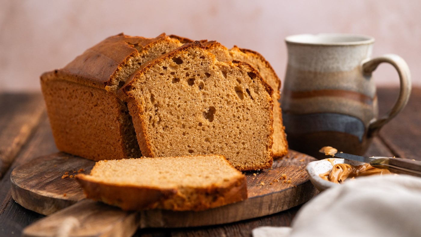 Peanut butter bread has a slightly sweet yet savory base with a delicate crumb highlighting the pean