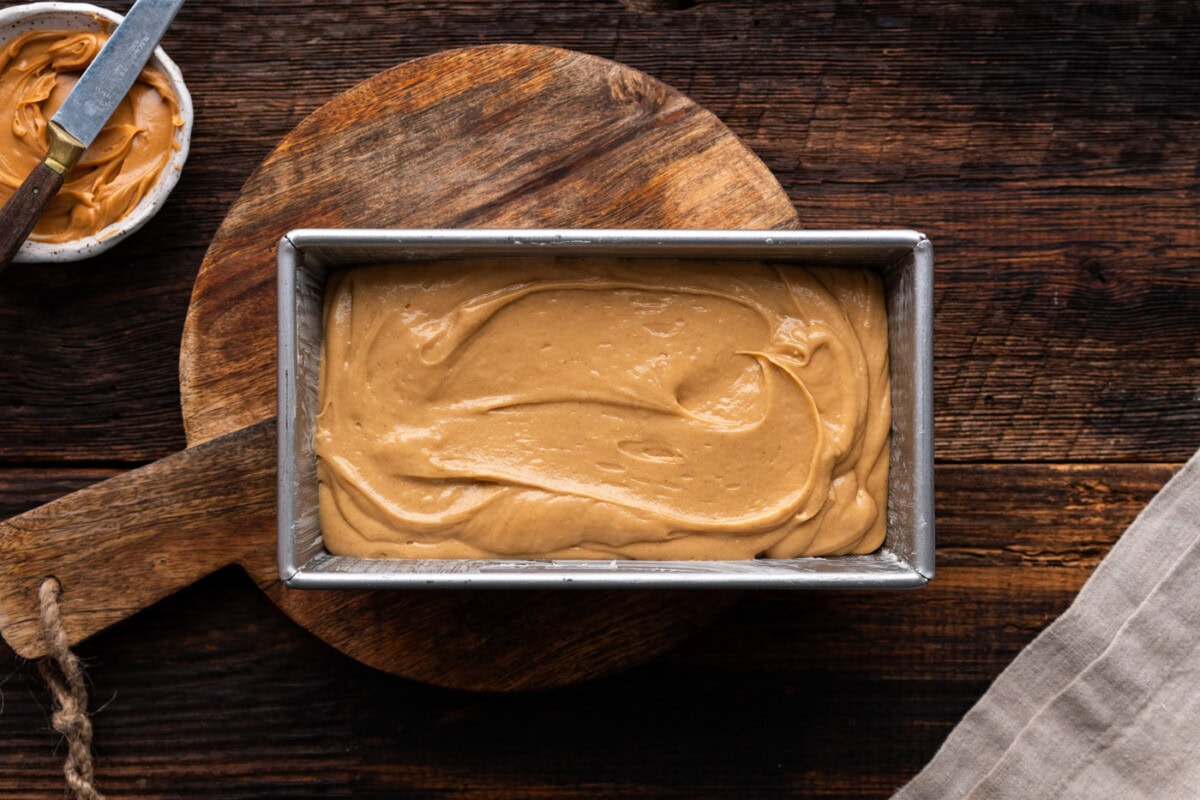 peanut butter bread batter in a loaf pan