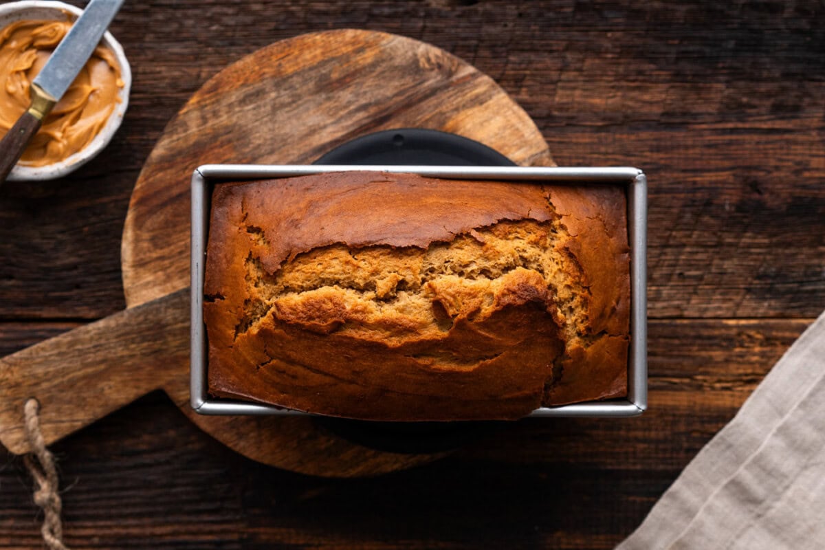 baked peanut butter bread in a loaf pan