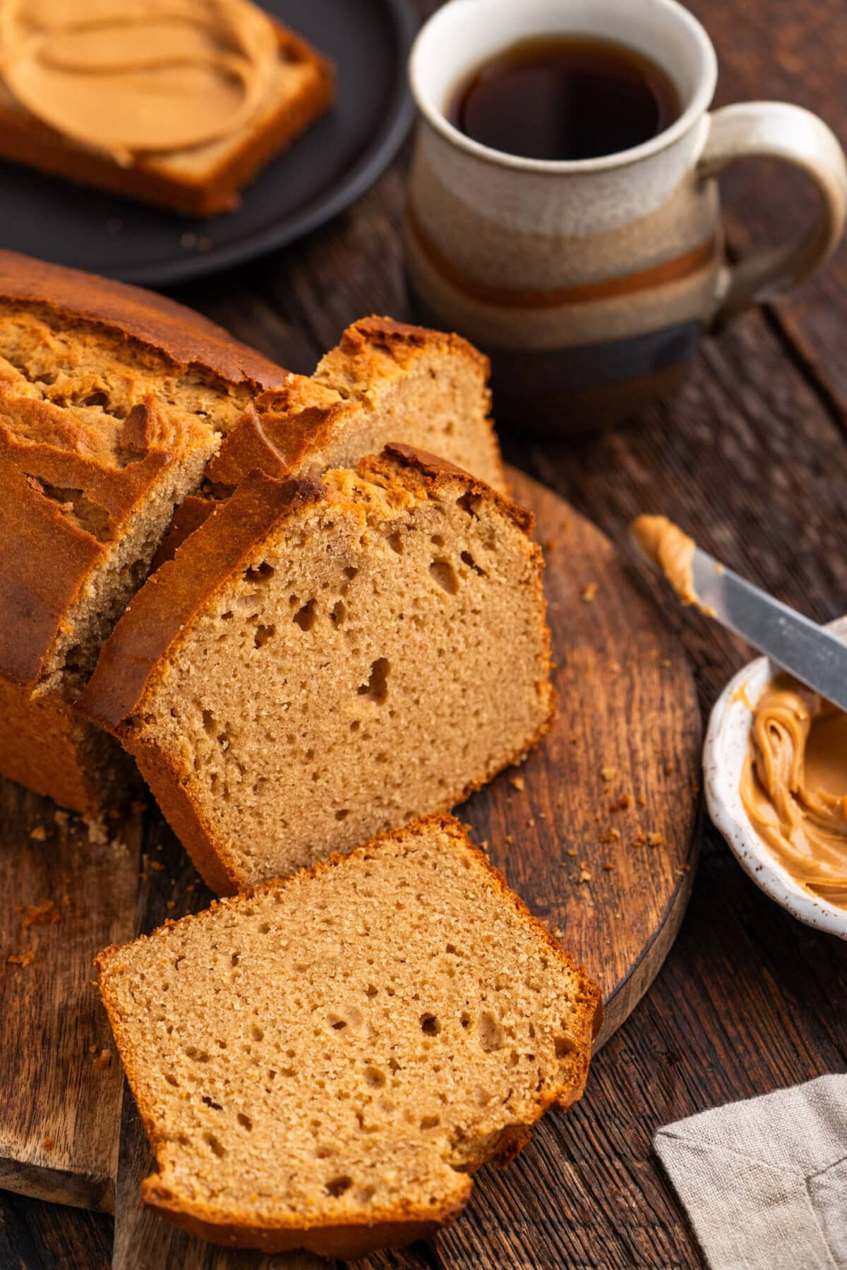 Loaf of Peanut Butter Bread cut into slices