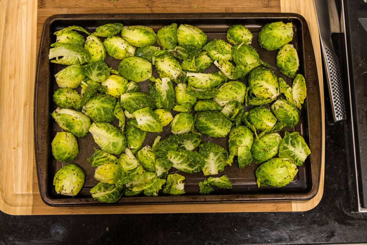 brussels sprouts on a baking sheet