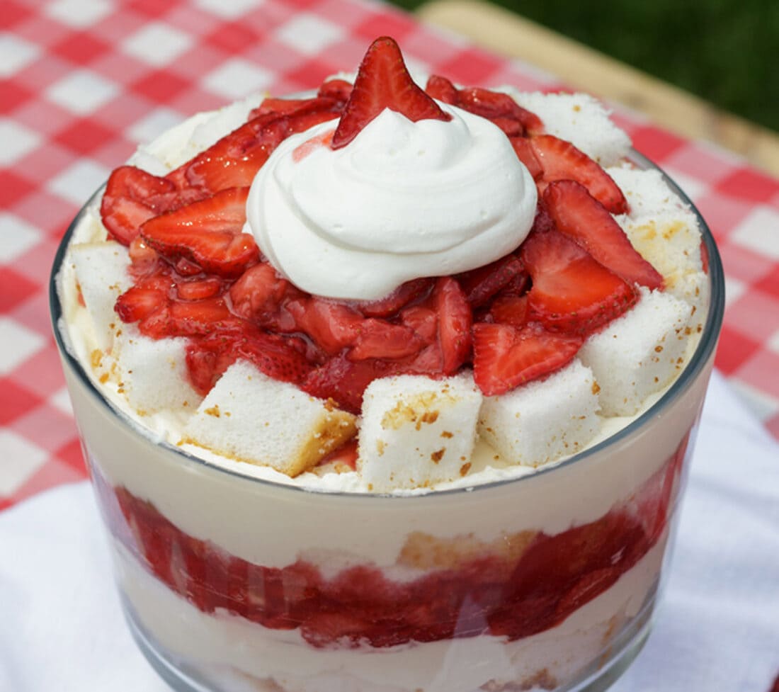 top of strawberry shortcake trifle