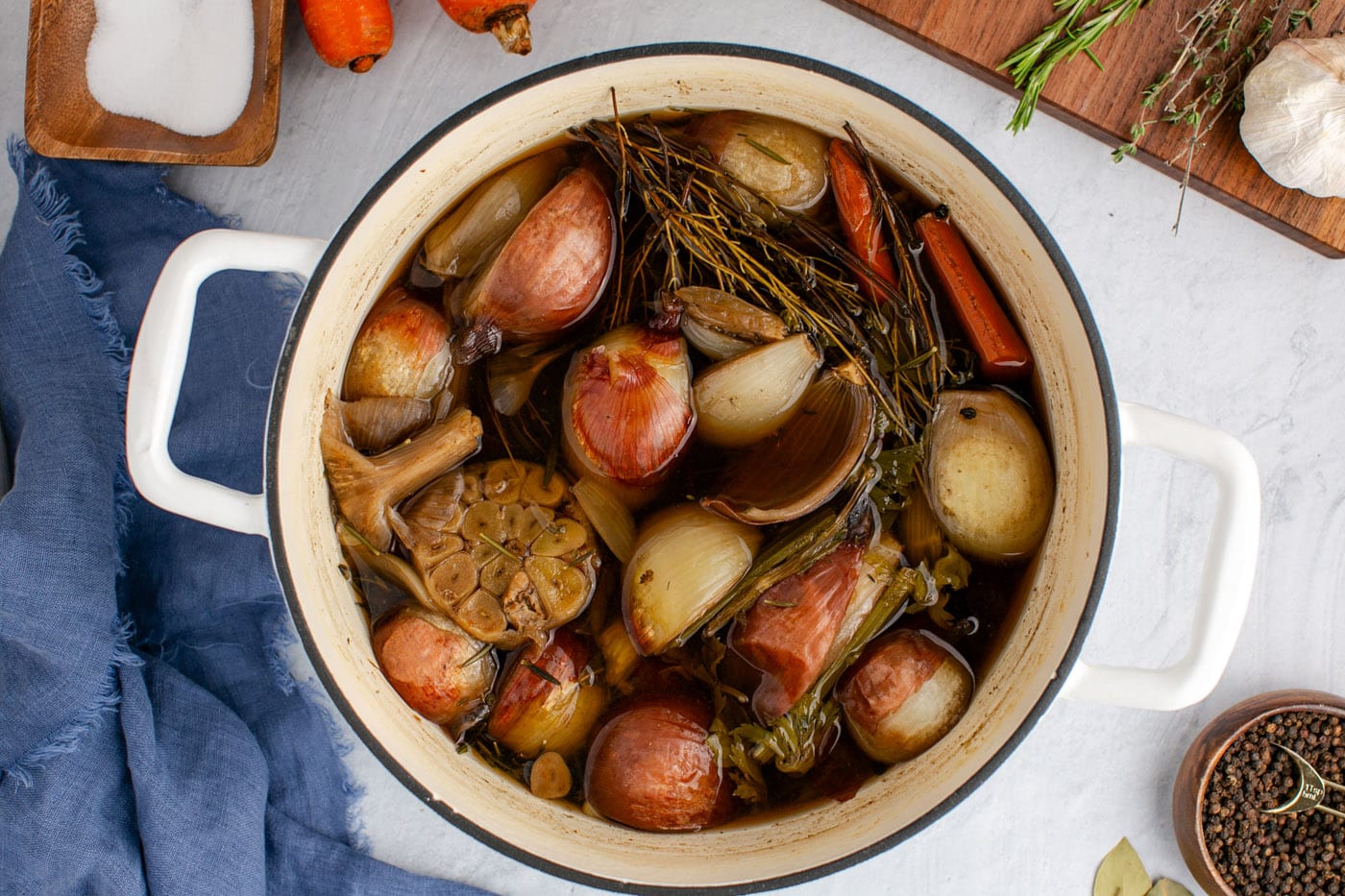 simmered vegetable broth in a stockpot