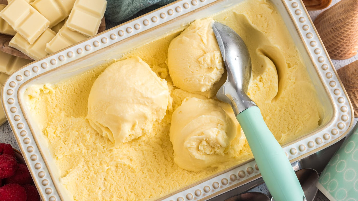This white chocolate ice cream recipe involves the use of an ice cream mixer to create dreamy, cream