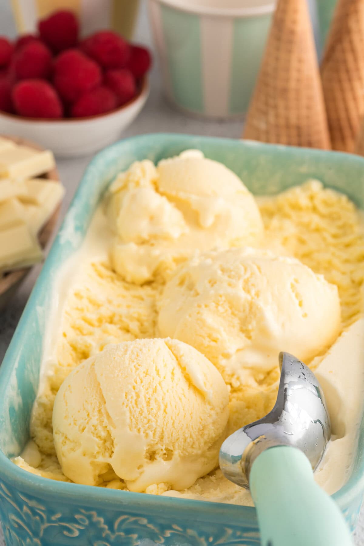 Close up photo of scoops of White Chocolate Ice Cream in a pan