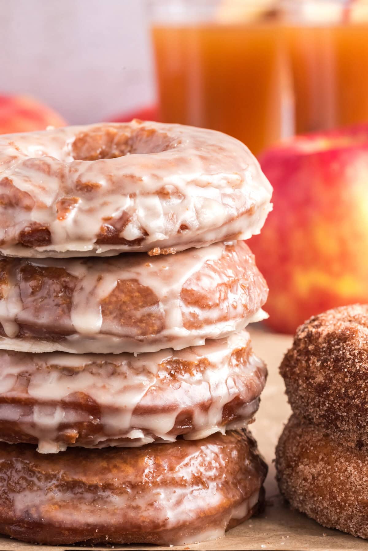 Stack of glazed Apple Cider Doughnuts