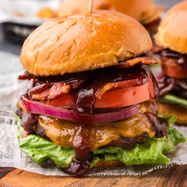 Close up photo of a BBQ Bacon Burger