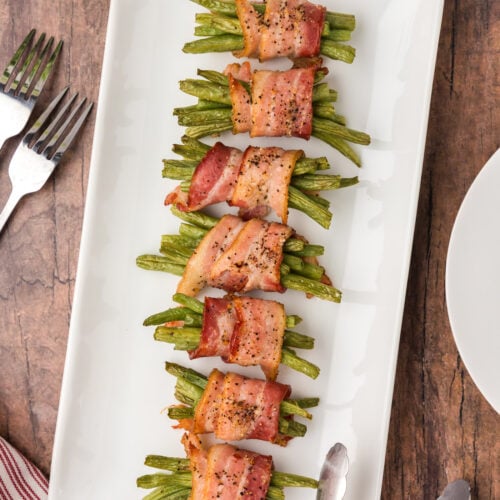 Bacon Wrapped Green Beans on a white platter
