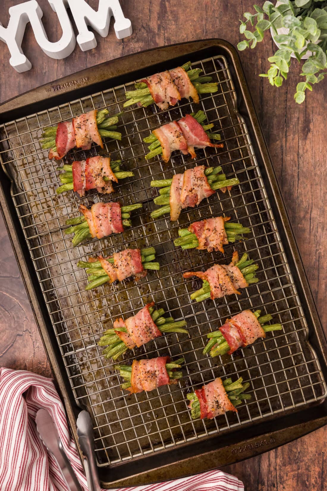 Bacon Wrapped Green Beans on a wire rack