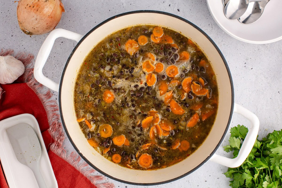 cooked black bean soup in a pot