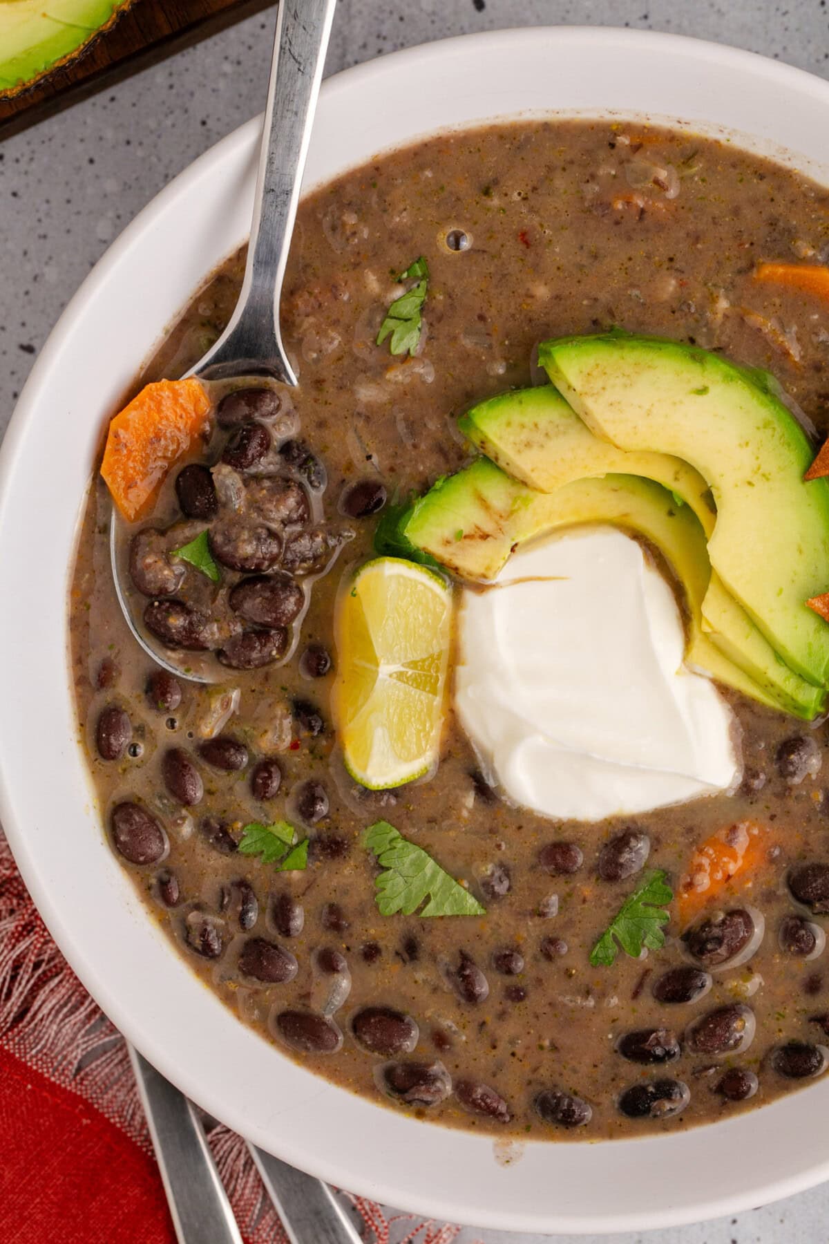 Close up photo of a spoon in a bowl of Black Bean Soup