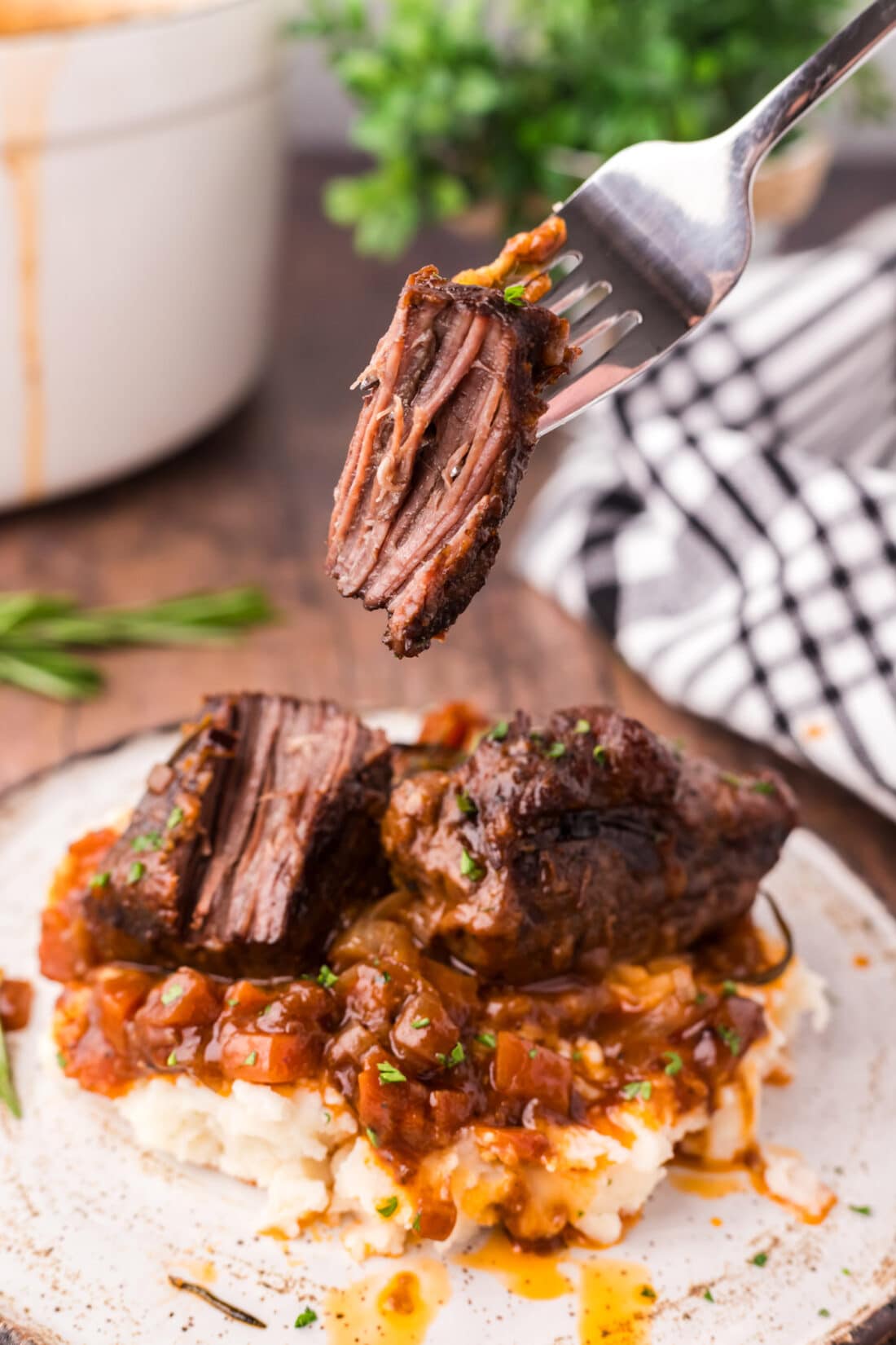Piece of Braised Beef Short Rib on a fork