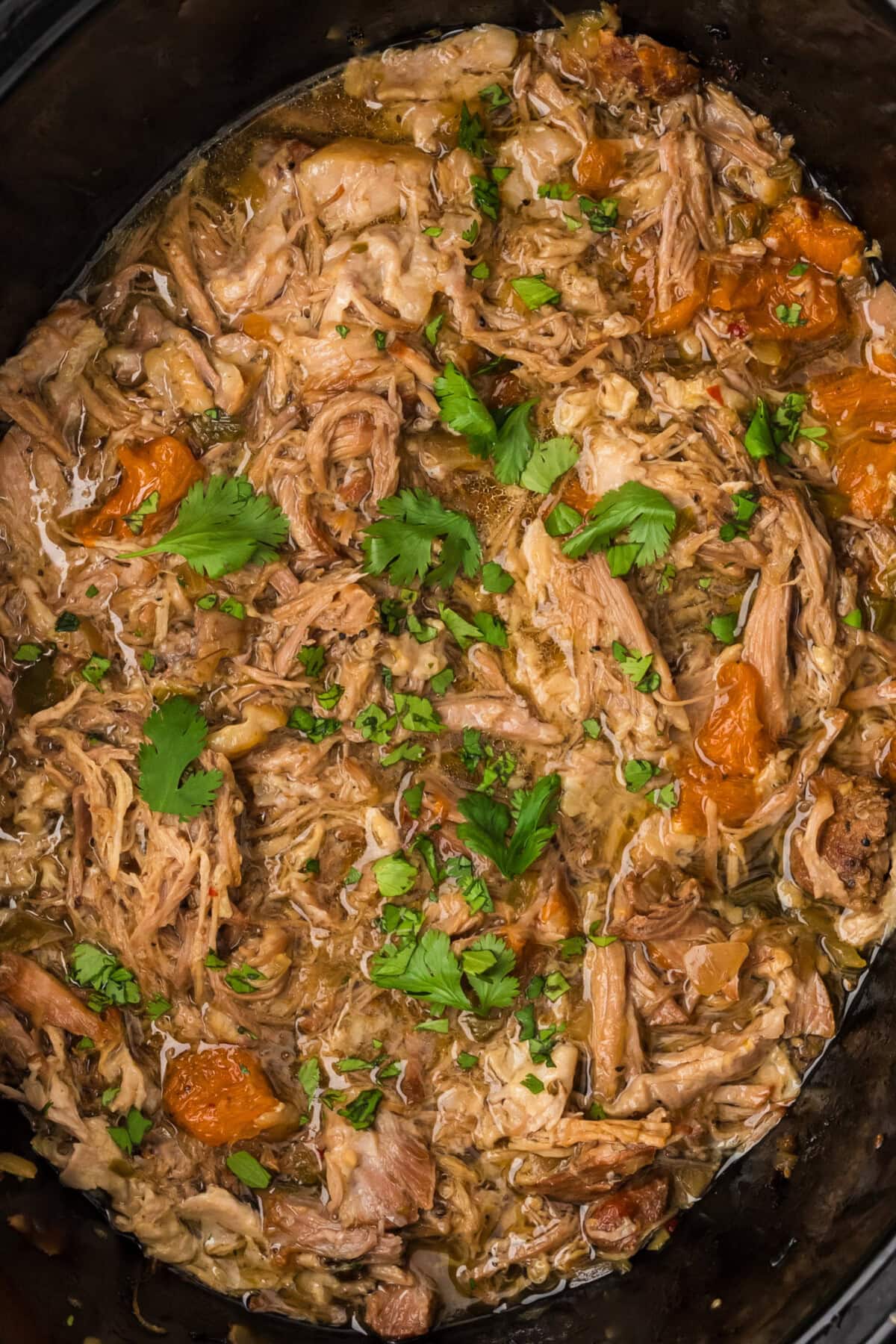 Close up photo of Carnitas in a crockpot