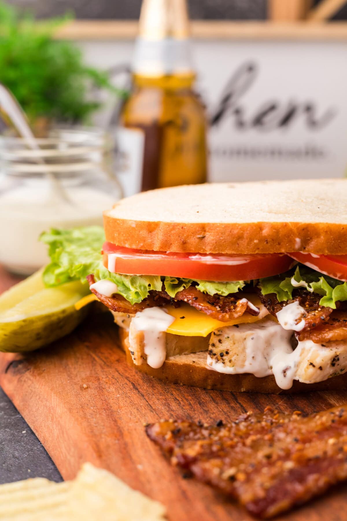 Close up photo of a Chicken Bacon Ranch Sandwich