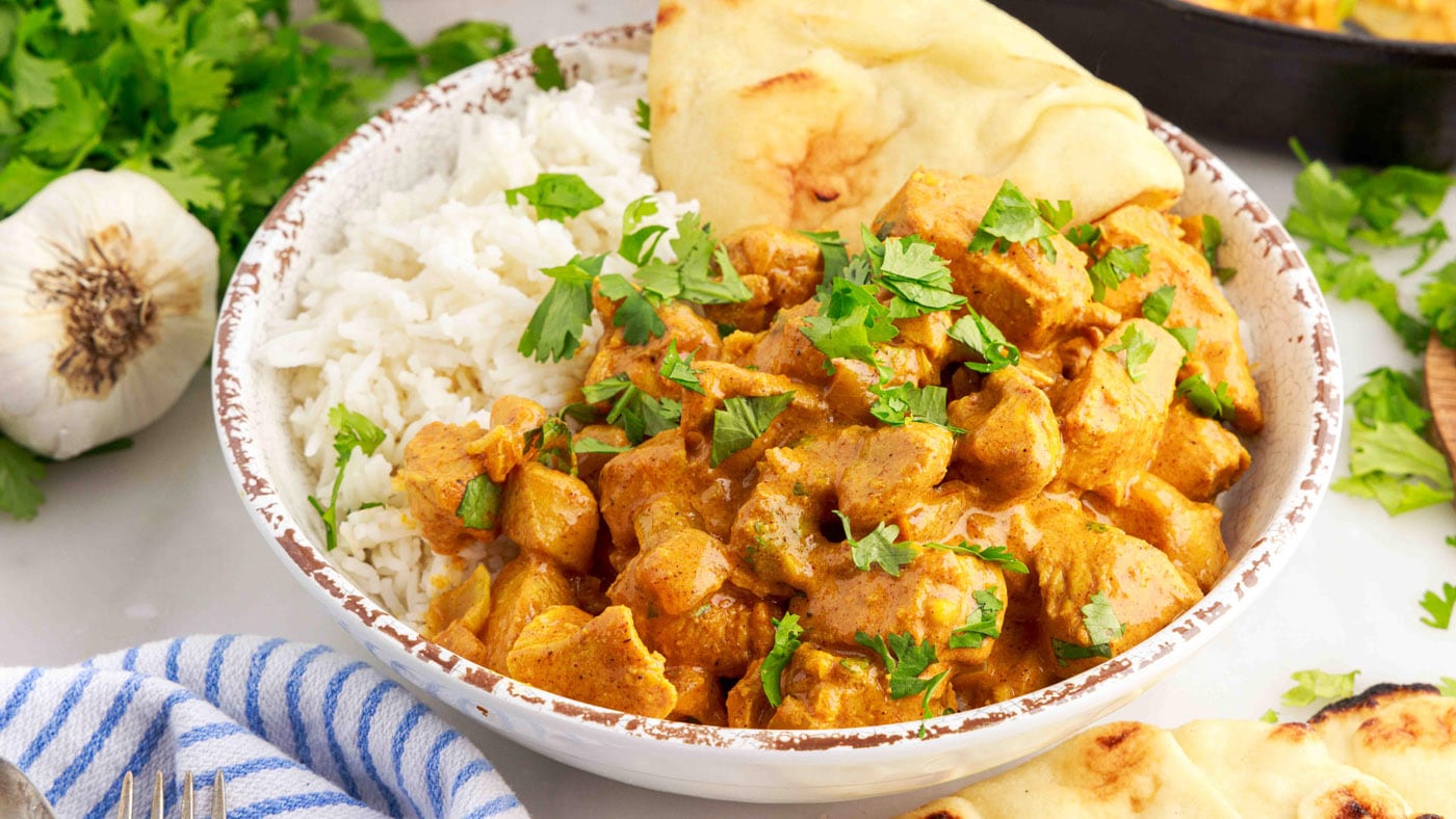 Combining cubed chicken with the intense flavors of curry powder, garam masala, cumin, coriander, pa